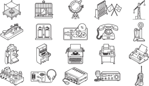 Collection of vintage and antique communication and entertainment equipment, presented in clean black and white line art style.