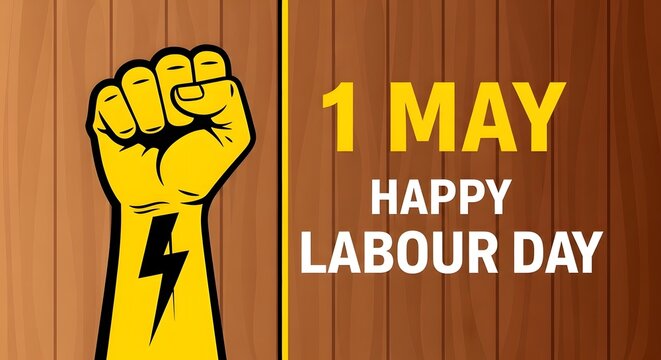 Happy labour day celebration raised fist and bold typography
