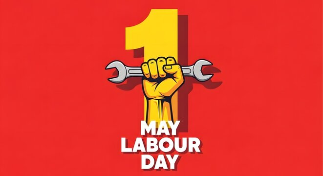 May day labour day illustration with wrench and number one