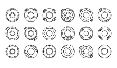 Life Preserver Outline Icon Set with Various Lifebuoy Ring Designs for Marine Safety, Rescue Equipment Illustration, Beach Graphics and Nautical Elements © MDSOBUJ
