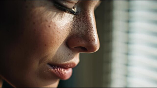Close-up of a young womans face with freckles, eyes closed, in soft light.