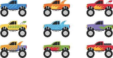 Set of Colorful Monster Truck Vector Illustrations Featuring Flame Decals and Big Tires for Offroad Racing Games Toy Design and Childrens Stickers Isolated on White Background © Sonaton