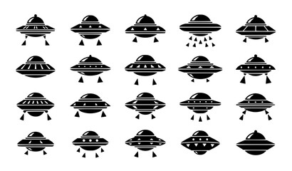 UFO and Alien Spaceship Icon Set Featuring Flying Saucers, Extraterrestrial Vehicles and Sci Fi Spacecraft Symbols for Futuristic and Fantasy Design Projects © MDSOBUJ