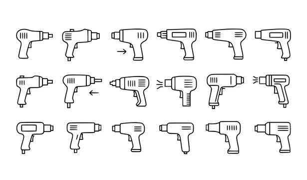 Electric Drill Icon Set Featuring Power Tools, Handheld Drilling Machines and Construction Equipment Symbols for Repair, Workshop and DIY Design Projects
