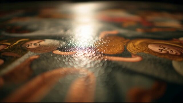 Close-up of an ornate, antique painting with a textured surface and dramatic lighting.
