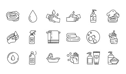 Fototapeta premium Hygiene and Hand Washing Icon Set Featuring Soap, Sanitizer, Towels, Cleaning Spray, Water Drop and Personal Care Symbols for Health and Safety Design
