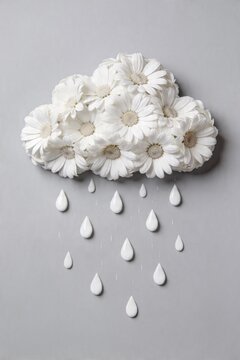 A cluster of white flowers shaped like a raincloud with droplets on a gray surface