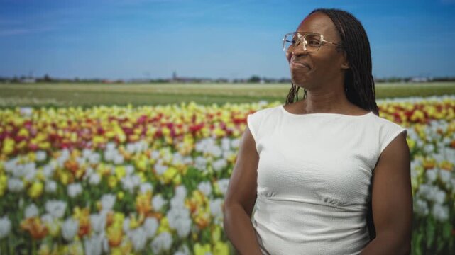 Woman wearing glasses and white dress, arms crossed with a slight smirk against a tulip field backdrop in studio; quiet confidence.