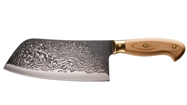 Isolated professional kitchen cleaver knife with detailed Damascus steel blade and wood handle