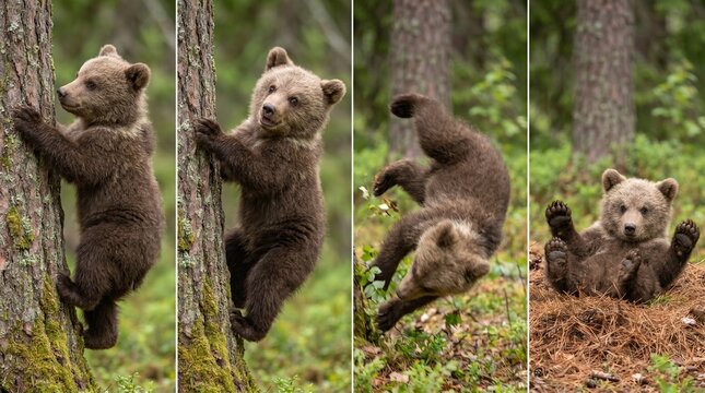 Baby bear climbing tree falling funny natural motion