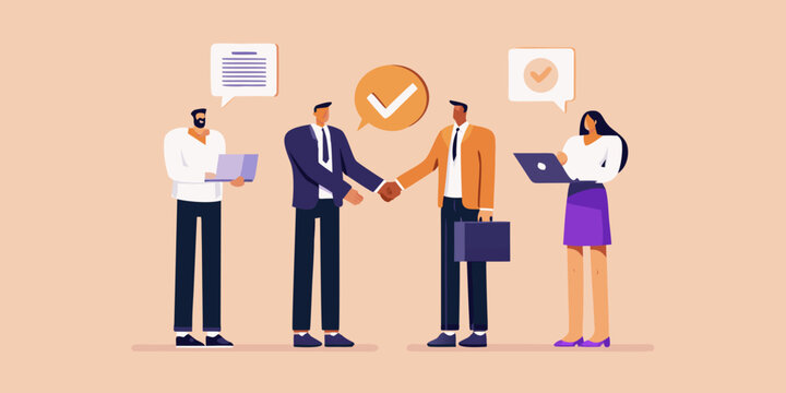 Business professionals finalizing a deal with a handshake and digital tools