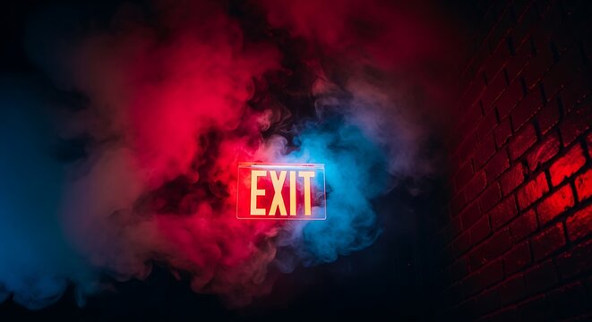 Neon exit sign shines brightly through thick smoke with red and blue lighting in a dark environment way out emergency guidance