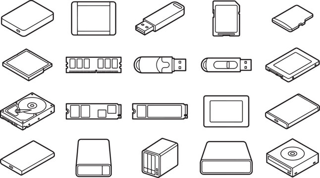 A collection of various storage devices, including hard drives, solid-state drives, USB flash drives, and memory cards, is presented as an illustration, emphasizing their design and functions.