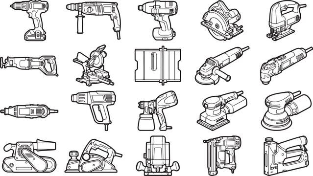 A collection of tools arranged for design and industrial illustration. 