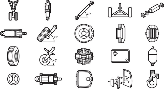Detailed schematics showcasing a variety of aircraft landing gear components, highlighting the intricate engineering and design.