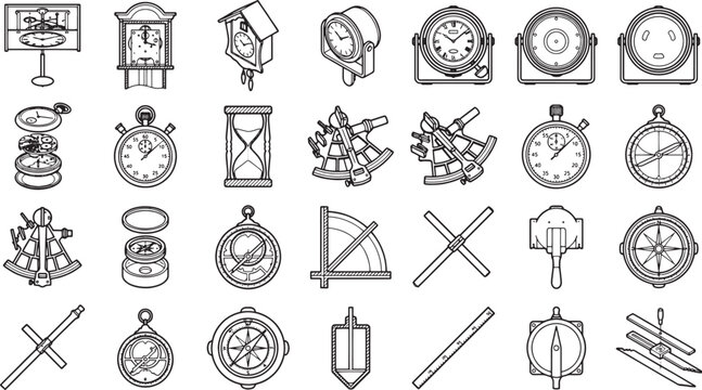 A collection of vintage timekeeping devices and navigational instruments in the form of a line art.