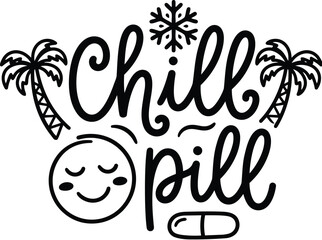 Fototapeta premium Vector art chill pill with palm trees snowflake and smiley moon line art