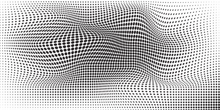 Halftone dotted gradient. Screen tone bg. Black pixel speckle wave background. Retro noise effect comic pattern. Retro grain dust overlay. Dot grid print banner.