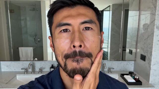 Modern Man Applying Moisturizer to Face for Daily Skincare Routine and Beard Grooming in a Luxurious