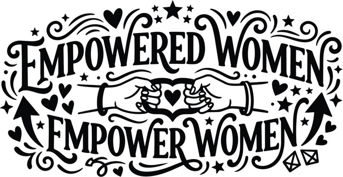Vector line art featuring empowered women text with interlocking hands forming heart motif