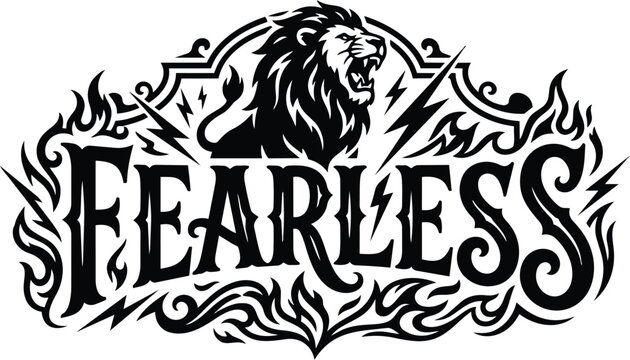 Bold vector logo with lion and flames around fearless text in black and white