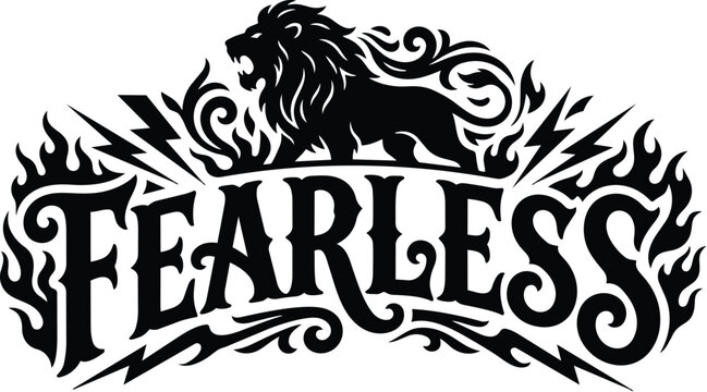 Bold line art logo featuring a rampant lion and fearless text with flame accents