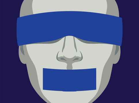 Gray illustration of a human face with blue tape over eyes and mouth