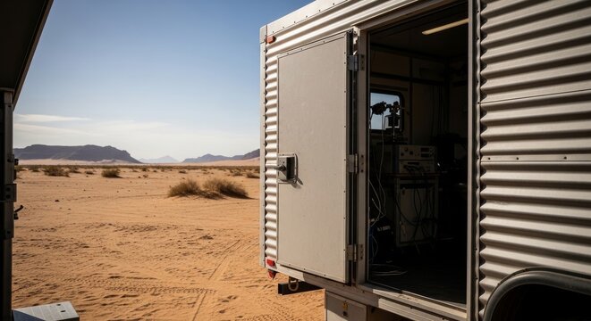 Mobile research trailer backdoor open in desert landscape