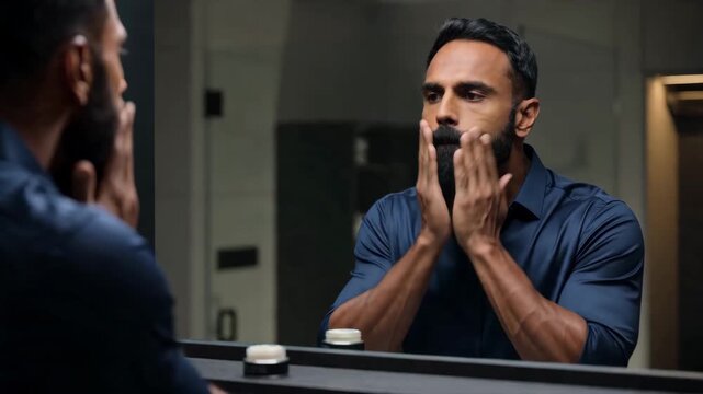 Stylish Man with Full Beard Applying Grooming Product in Mirror Reflection, Representing Modern Male