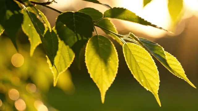 Sunlight filtering through lush green leaves with soft bokeh background