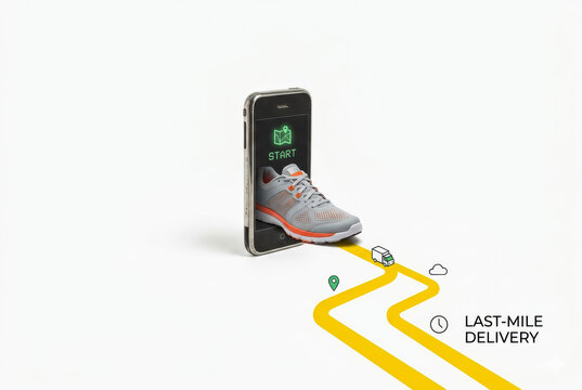 Last-Mile Delivery Concept Sneaker Stepping Out of Smartphone onto Yellow Logistics Road. Online Shoe Shopping and Shipping.