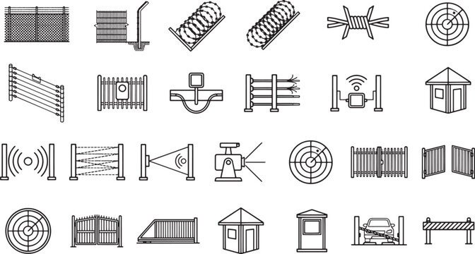 A comprehensive collection of security and protection measures, rendered in a monochrome style, showcasing essential tools and barriers to fortify against potential threats.