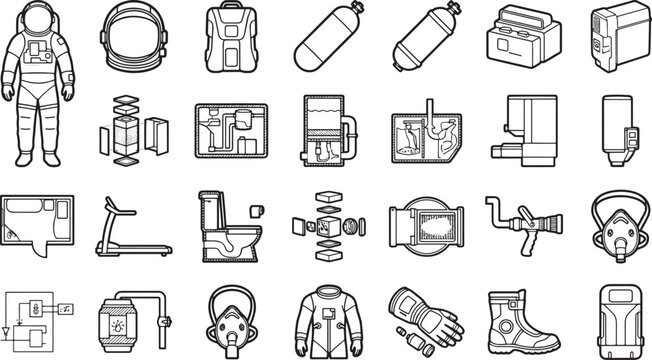 A collection of astronaut's equipment and daily gear is artfully arranged, creating a visually compelling exploration of life in space.