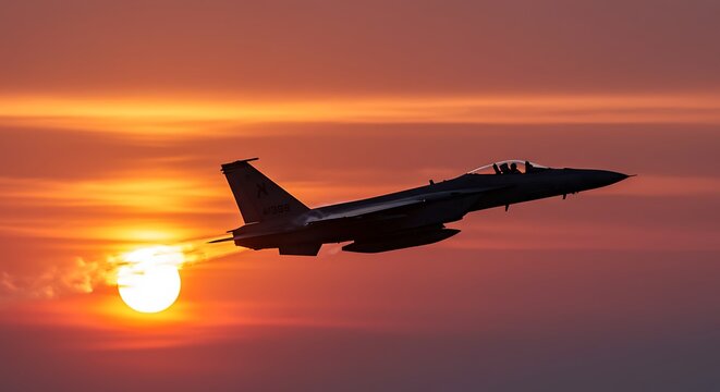 Israeli Air Force F-15 Eagle fighter jet silhouette flying at sunset with orange sky and sun