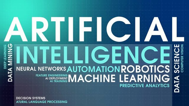 Teal Blue Gradient Artificial Intelligence Word Cloud Animation Seamless Loop. Modern Technology Typography Theme