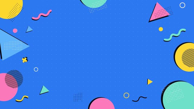 Modern Memphis Style Geometric Background With Blue Grid And Copy Space. Colorful Abstract Shapes Animation. Playful Elements Like Circles, Triangles, Squiggles, Dots, And Lines In Flat Minimal Style