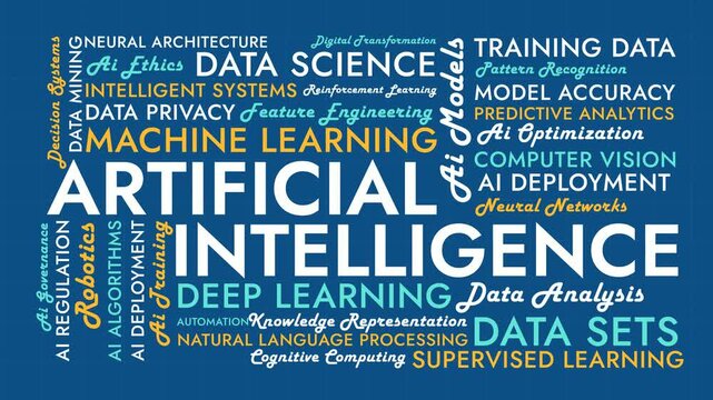 Modern Blue Artificial Intelligence Word Cloud Animation Shameless Loop. AI Kinetic Typography Digital Innovation Theme