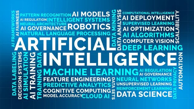 Advanced Gradient Artificial Intelligence Word Cloud Animation Shameless Loop. AI Kinetic Typography Data Innovation Theme