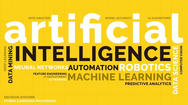 Yellow Artificial Intelligence Word Cloud Background Animation Seamless Loop. Modern AI Technology Typography Design