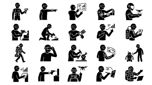 Futuristic Operator Silhouette Icon Set, 20 Minimalist Black Vector Tech Interaction Poses