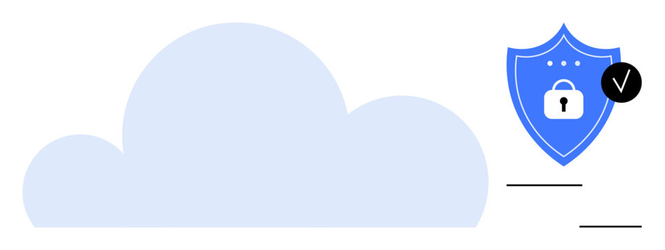 Cloud security concept. Cloud icons and shield with lock show safe data storage and secure online systems. Cloud security ensures privacy in storage, networks, and business operations. For data