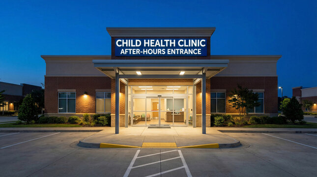Child Health Clinic After Hours Entrance Building At Dusk