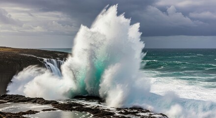 Naklejka premium powerful ocean wave crashing against rocky shoreline