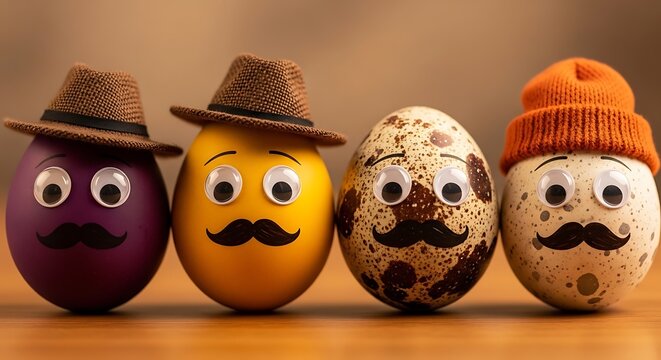 Four decorated eggs with googly eyes mustaches tiny hats standing in a row on a wooden surface brown background quail egg