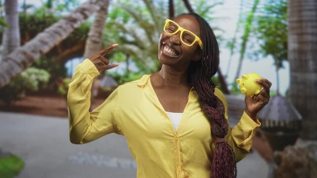 Young woman holding yellow piggy bank and making rock horns gesture while smiling in forest; financial empowerment joy.
