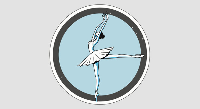 Elegant ballerina in a graceful pose within a light blue circular frame on a grey background.