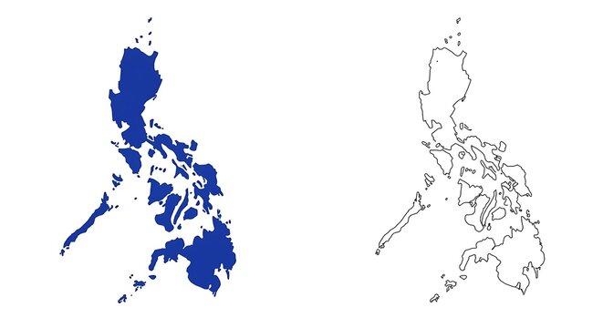Map of the Philippines Illustration with Blue Solid Silhouette and Black Line Outline on White Background