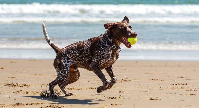 German Shorthaired Pointer dog running on a sandy beach with a yellow tennis ball in its mouth