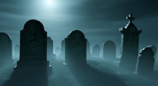Misty graveyard at night with tombstones under moonlight