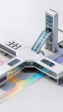 isometric futuristic architectural concept of white modular hub with skybridge and laboratory tower, modern minimal urban infrastructure design with transparent glass corridors